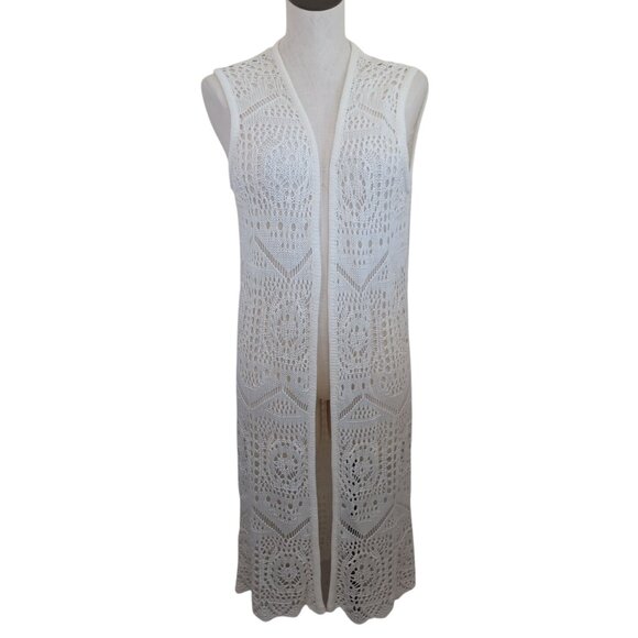 Chelsea & Theodore Crochet Knit Cardigan White Open Front Duster Womens Large - Picture 11 of 12